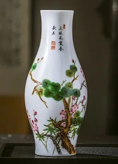 Enamel Pine, Bamboo and Plum Olive Vase, Jingdezhen Hand-Painted Three Friends of Winter Porcelain Vase, New Chinese Style Collectible Display Ornament